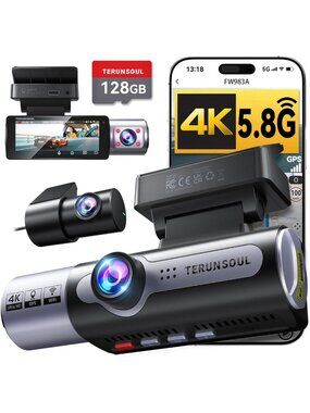 4K Front & Rear Dash Cam, Full HD 3-Channel Recorder with Free 128GB Card
